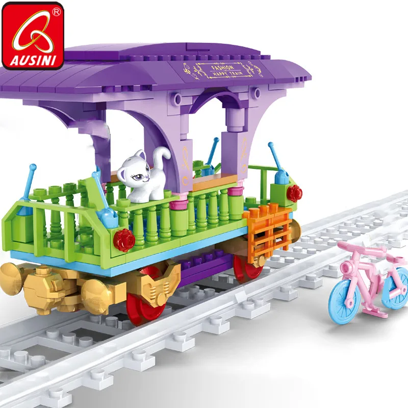 

AUSINI Railroad Trains Blocks Toys for Girls Mini Figure Bicycle Pet Cat Model Building Bricks Sets Children's DIY Railway Car