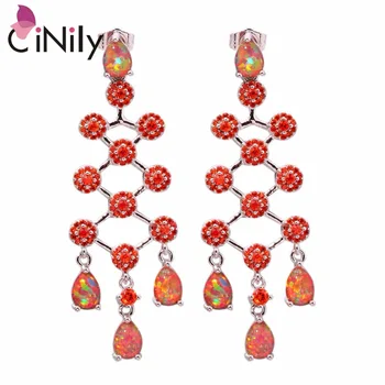 

CiNily Created Orange Fire Opal Orange Garnet Silver Plated Wholesale New Style for Women Jewelry Stud Earrings 2 1/8" OH3954