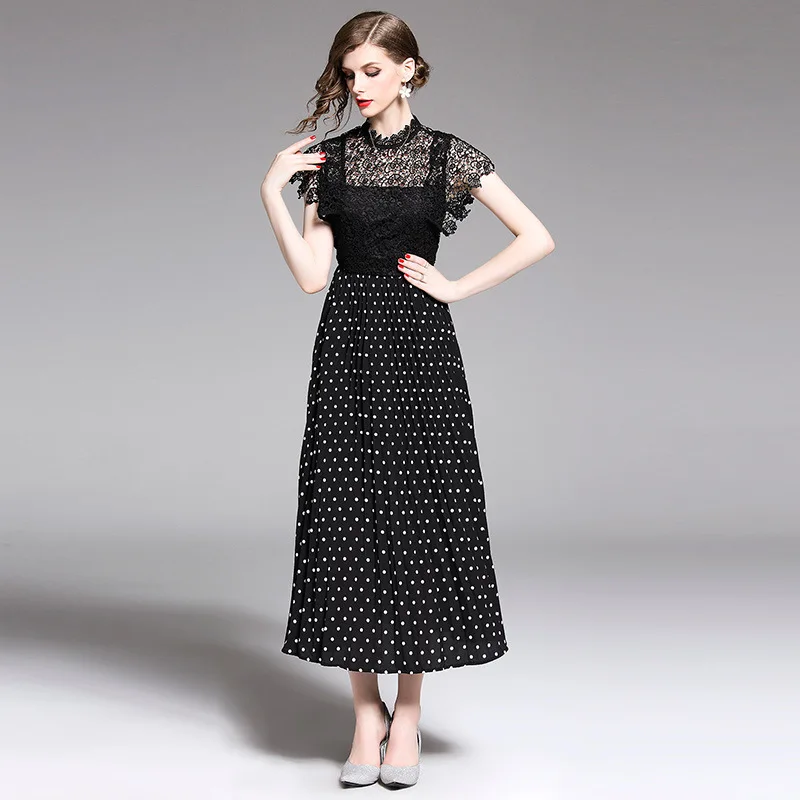 

Lace Hollow out Retro Wisdom Smoked Skirt French Women's Hepburn Dress Joint round Polka Dot Mid-length Big Hemline Dress
