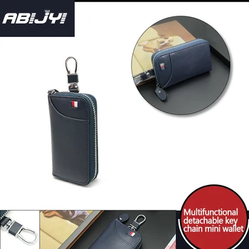 

Leather Key Bag Men's Waist Car Key Clip Zipper Button Coin Pocket Multi Function Detachable Key Chain Mini Blue