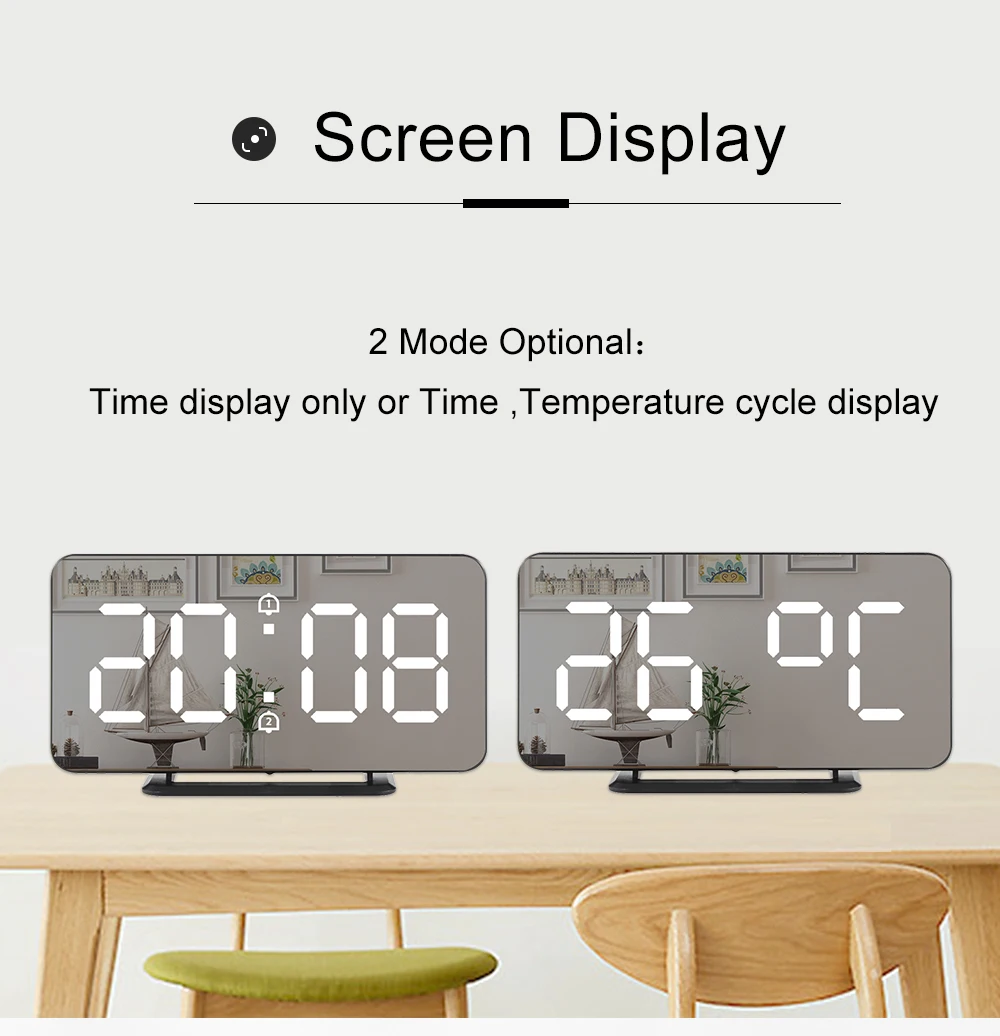 Светодиодный зеркальный будильник с двойным будильником, будильник для спальни, цифровой термометр, настольные электронные часы