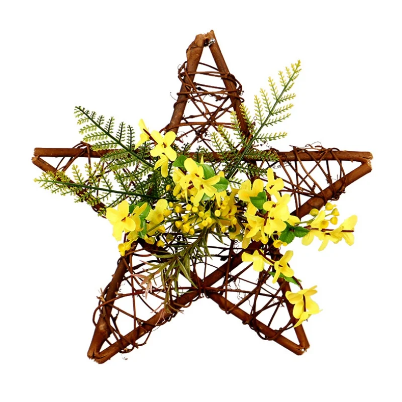 

Artificial Flowers Garland Star-Shaped Wooden Frame Pendant Faux Floral Hanging Wreath For Wall Parties Wedding Decor