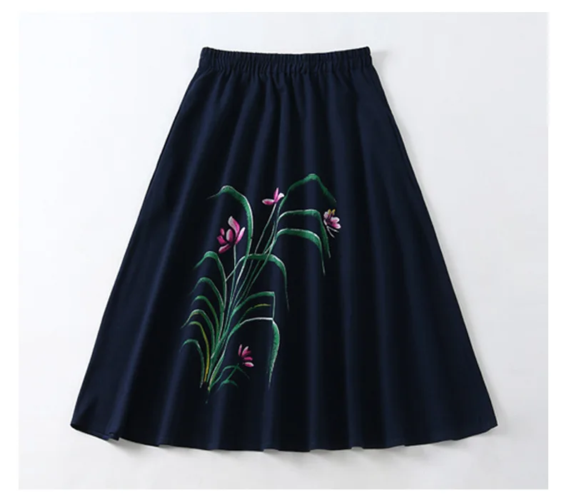 

2018 Spring And Summer New Style Cotton Linen Skirt Ethnic-Style Mid-length Big Hemline Elastic Waist Printed Skirt