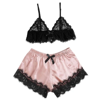 

Floral Lace Bra Top Panty Cute Bralette Shorts Sexy Nightwear Femme Pajama Set Fashion Lounge Wear Satin Pajamas