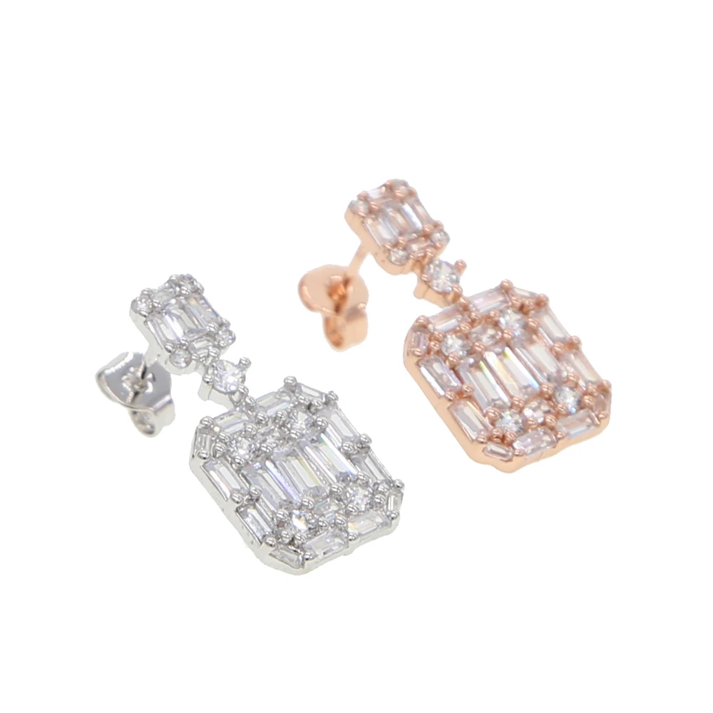 

2019 Dangle charm square shape baguette cz cubic zirconia rose gold color wedding engagement band bridal silver earrings