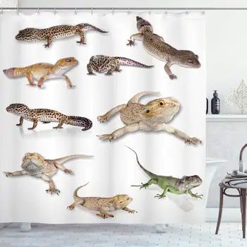 

Reptile Shower Curtain, Colorful Staring Leopard Gecko Family Image Primitive Reptiles Wildlife Art Print, Cloth Fabric Bathroom