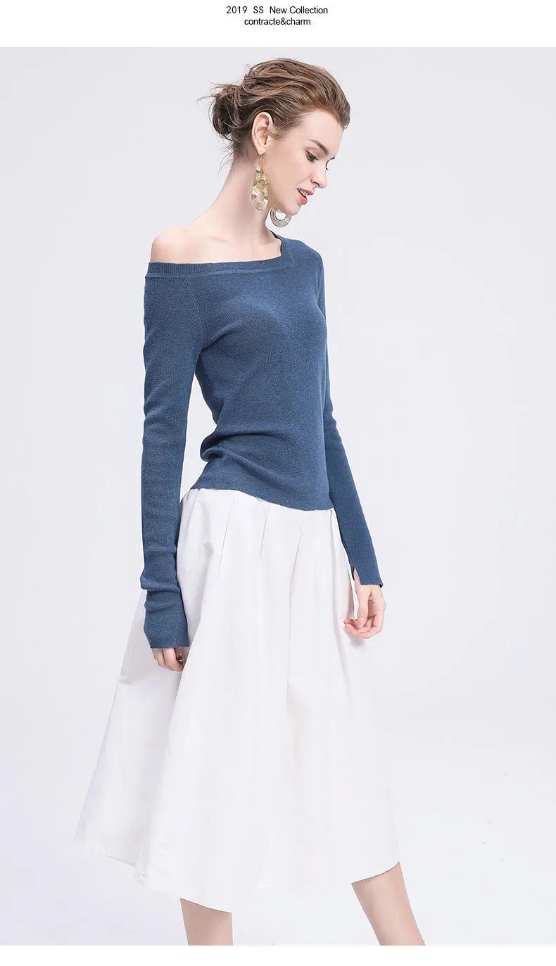 LZJN 2019 Women Sweater Long Sleeve Shirt Women Casual Office Top Sexy V-Neck Off Shoulder Pullover Sweater Loose Knit Jumper (15)