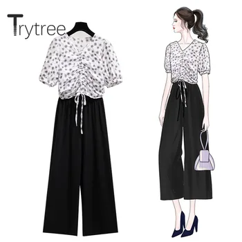 

Trytree 2020 Summer Women Two Piece Set Casual V-neck Drawstring Print Tops + Pants Solid Wide leg pants Set 2 Piece Set