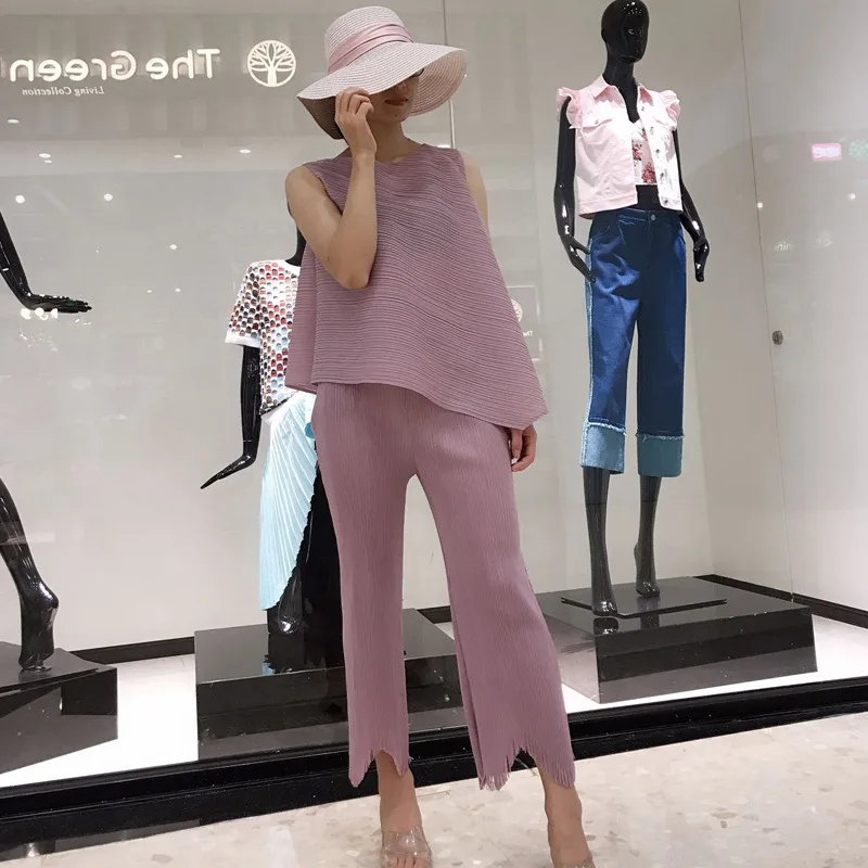 Miyake складки женские брюки летние Однотонные эластичные талии тонкие микро кисточки девять брюки