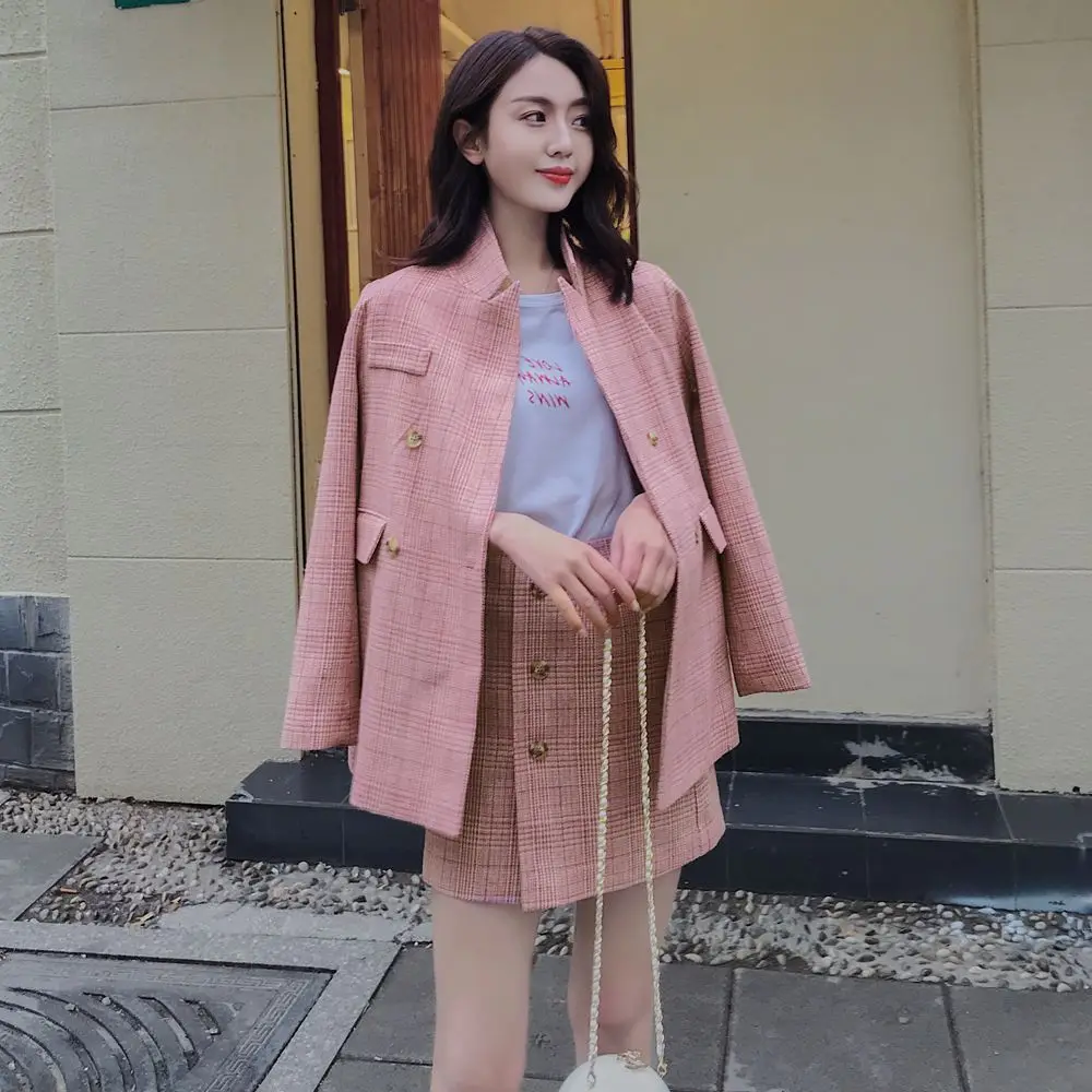 

Photo Shoot Double Breasted Plaid WOMEN'S Suit 2020 Spring New Style Retro Suit Jacket + Skirt Two-Piece Set