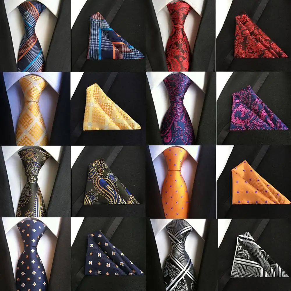 Fashion 8cm Silk Formal Handkerchief Tie Set Bule Black Paisley Striped Pocket Square Necktie for Men Business Wedding Nect Ties