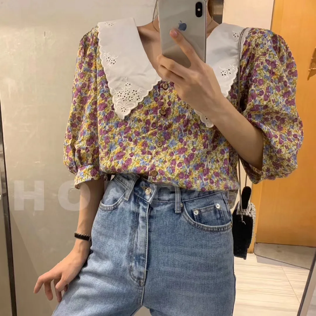 

ZOSOL Puff Sleeve Peter Pan Collar Shirt Women's 2020 Summer New Style Floral-Print Korean Style Retro Shirt Versatile Tops
