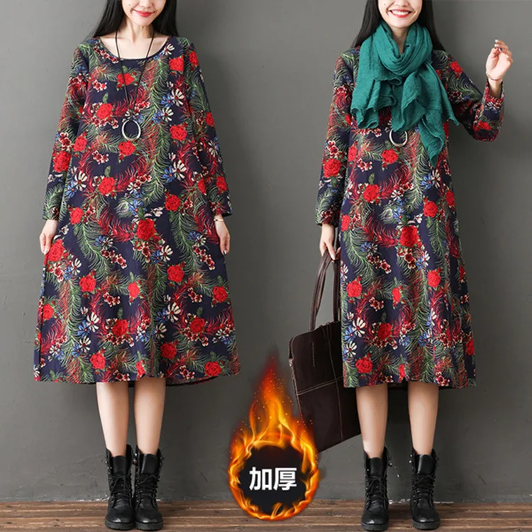 

Cotton Linen Ethnic-Style Large Size 2018 Autumn And Winter New Style Loose-Fit Brushed And Thick Mid-length Dress Women's