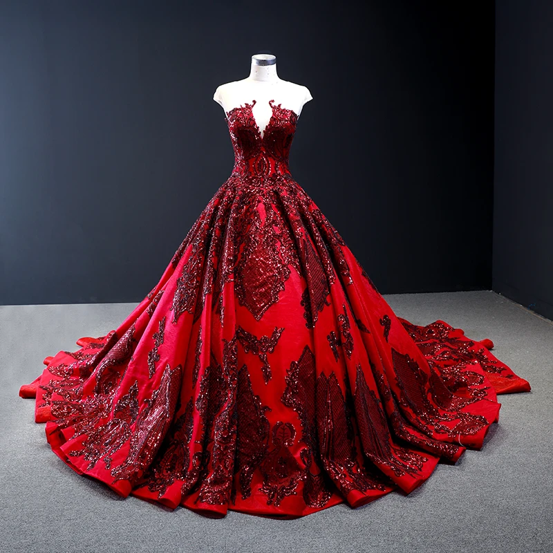 

Wine Red Ball Gown Big Train Puffy Satin Lace Beading Sequins Appliques Evening Dresses Luxury RS08