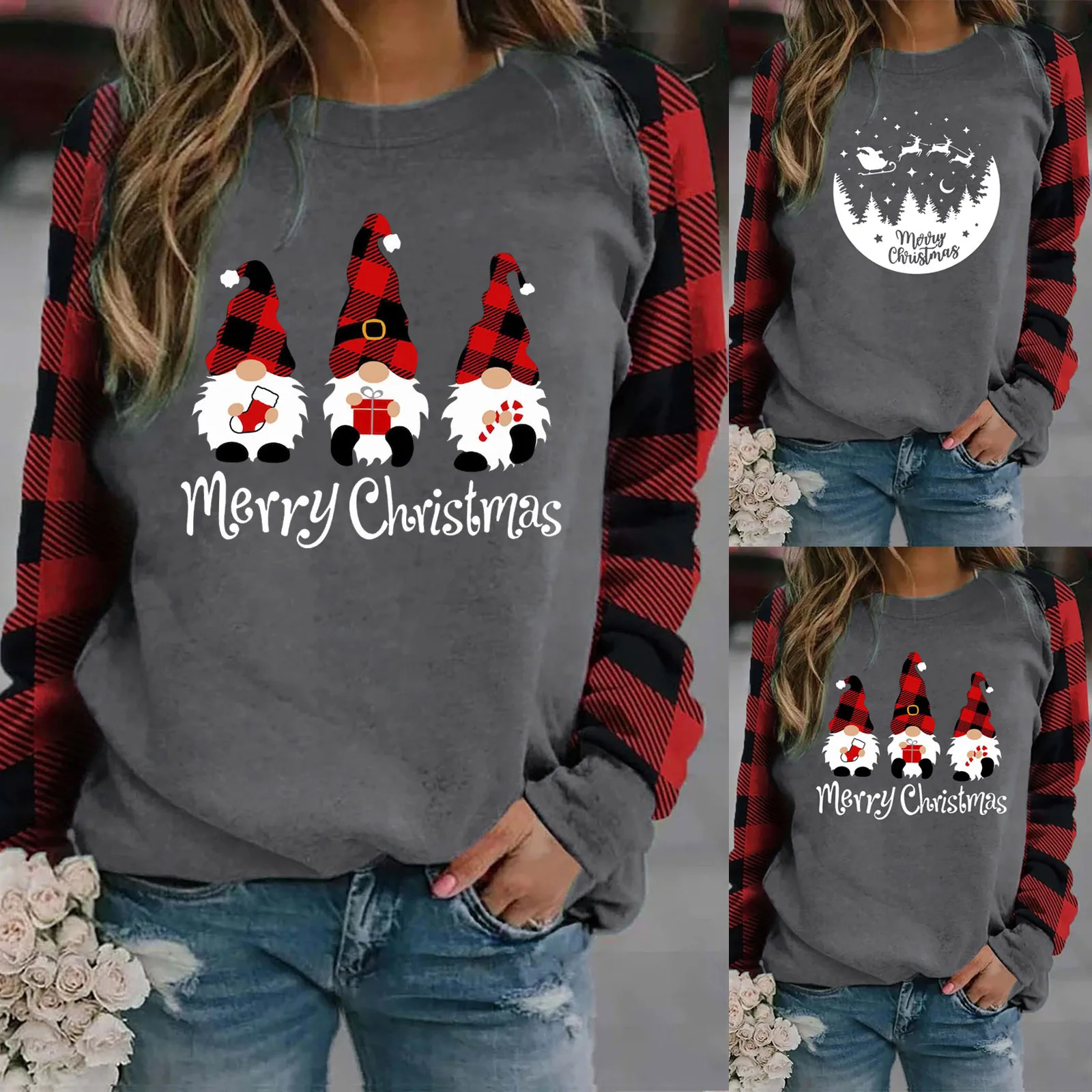 Womens Christmas Clothes Plaid Christmas Truck Merry Christmas Shirt Xmas Hoodie Pullover Long Sleeve Casual Sweatshirt 2021 2