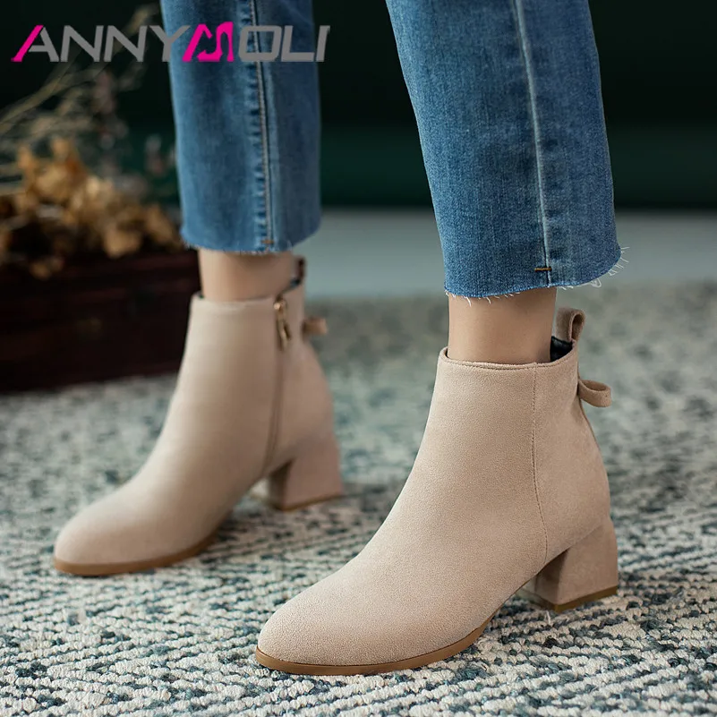 

ANNYMOLI Ankle Boots High Heel Woman Boots Zip Chunky Heel Shoes Bow Round Toe Ladies Short Boots Autumn Beige Black Big Size 46