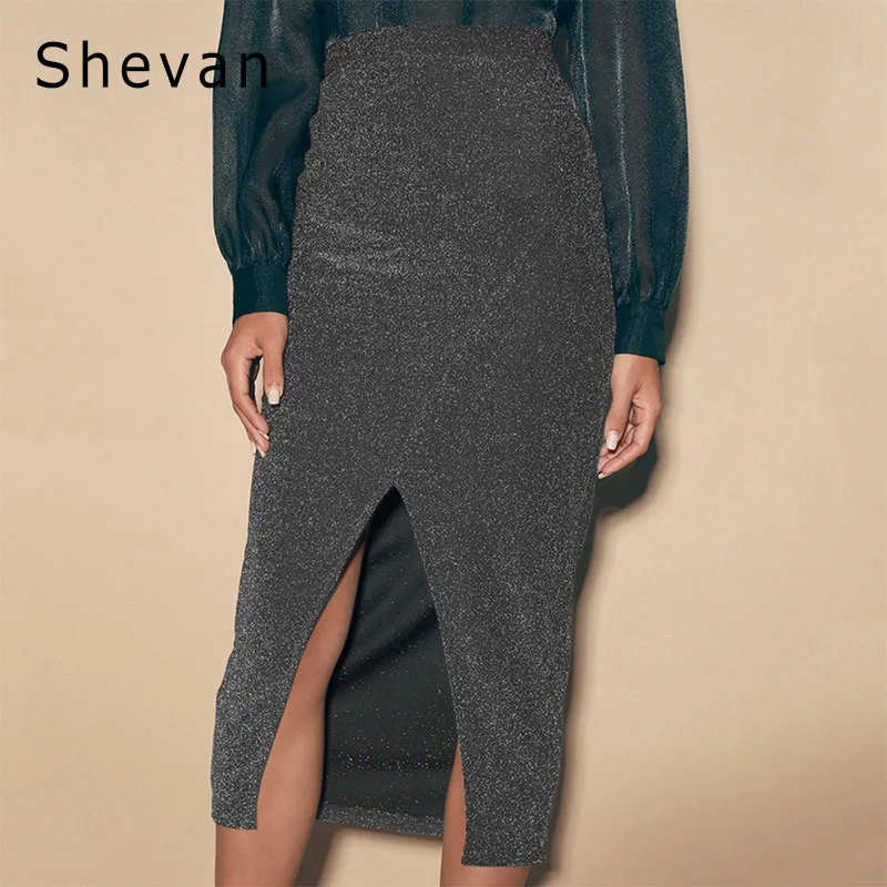 Shevan блестящая миди-юбка с высокой талией Осенняя Новая модная Клубная блестящая однотонная Сексуальная облегающая юбка-карандаш для женщин - Цвет: Black Dress