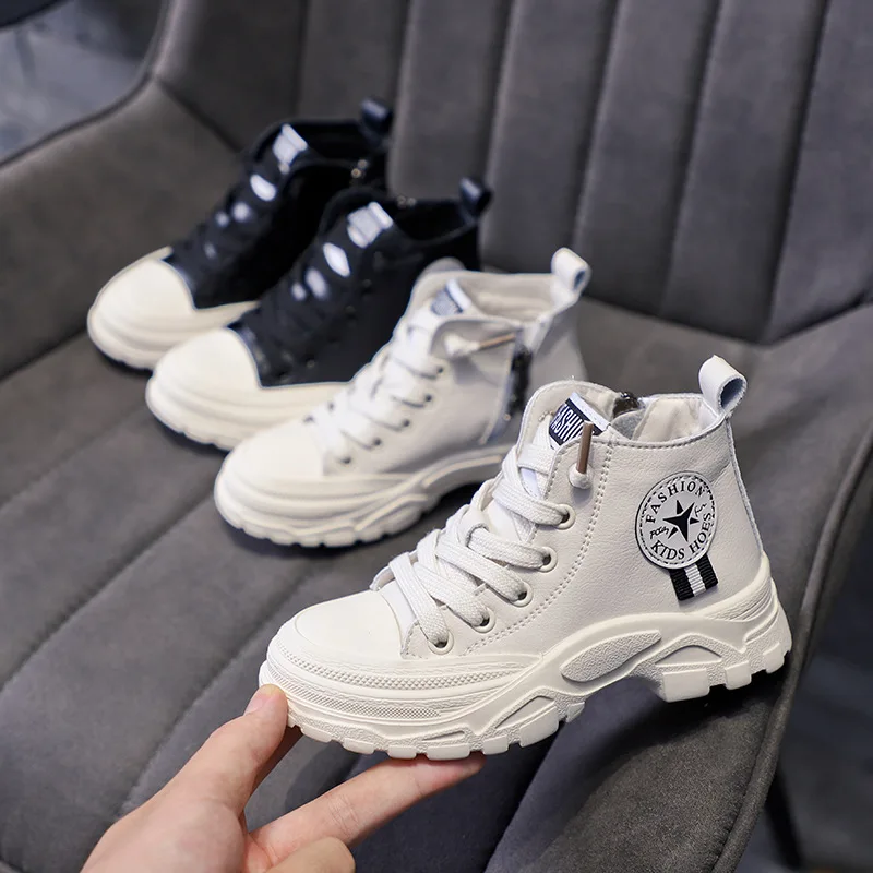 

2019 Autumn And Winter New Style Children Small Hight-top Side Zipper Leather Boot Girls' Casual Shoes Korean-style BOY'S Martin