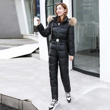 

Down Coat Suit Women's One-Piece Thick Winter Short Padded Jacket Suspenders Cotton Trousers Loose Warm Two-Piece Suit Parkas