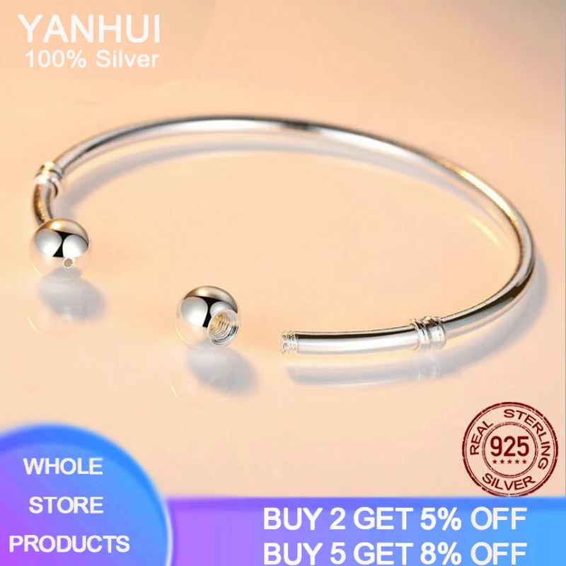 YANHUI 100% Original 925 Solid Silver Bangle Bracelet Fit European Charms Beads Bracelet Silver 925 Jewelry DIY Gift For Women