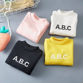 

3-7 years old children boys and girls jacket autumn and winter baby high collar T-shirt double plus velvet printed letters shirt