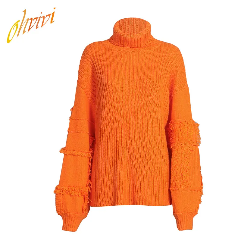 2019 Fashionable Turtleneck Thick Tassel Distressed Oversized Orange Winter Straight Line Hot Selling Women Sweater | Женская одежда