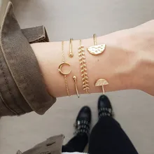 4 шт./компл. Ретро Женские Moon листья Круглый драгоценный камень в цепи открытие Золотой, геометрической формы пляжные браслет набор Модные украшения подарок