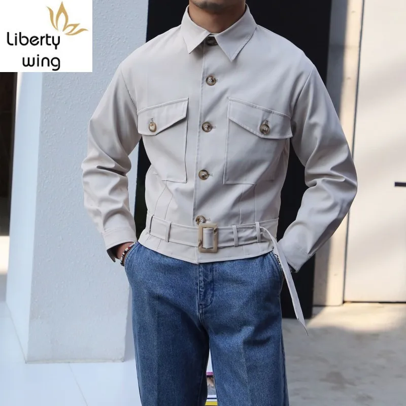 

Дизайнерские мужские новые весенние короткие однобортный карманами повседневные осенние пальто Slim Fit с поясом Мужской топы куртка зеленого цвета