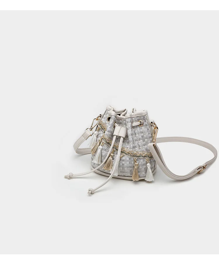 Luxury Brand Handbag Women's Bag Quilted tweed Busket bag Fashion Lady Bohemia Tassel Bags Female Drawstring Crossbody Bag Purse (25)