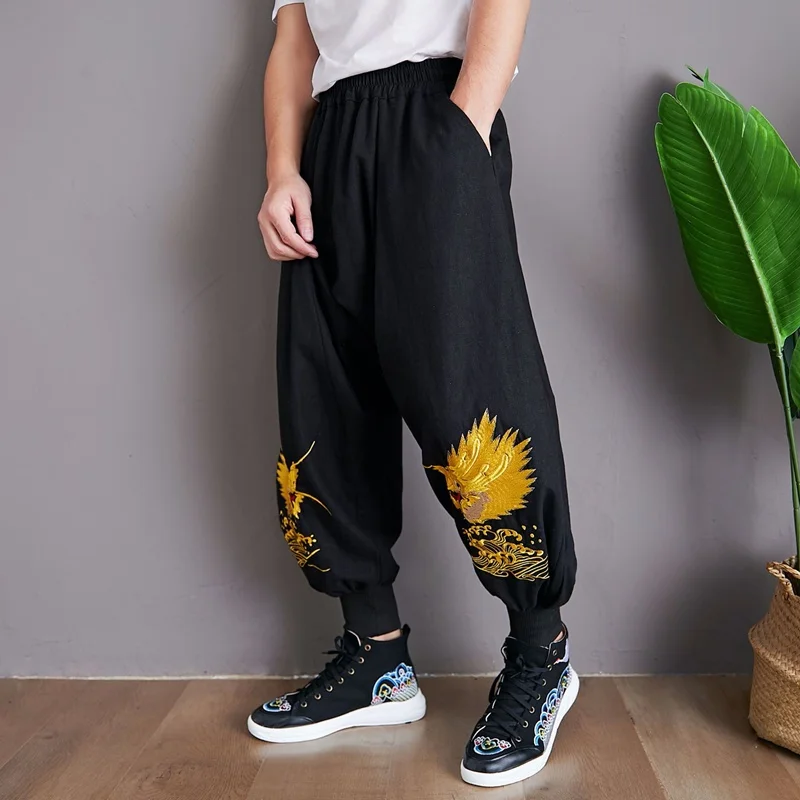 Китайский стиль Дракон вышивка брюки мужская Японская уличная одежда льняные брюки мужские брюки хип-хоп Джоггеры мужские брюки KK3227