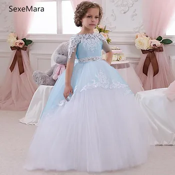 

New Ball Gown Flower Girl Dress with Bow Sash Long First Communion Dress Pageant Gown Size 2 4 6 8 10 12 14 16Years