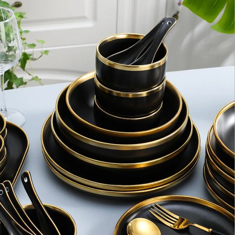 1Set Matte Gold Inlay Black Porcelain Dinner Sets Kitchen Plate Set Food Dishes Rice Salad Noodles Bowl