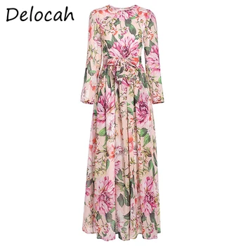

Delocah Women Autumn Fashion Runway Holiday A-Line Dress Long Sleeve Bow High Waist Floral Print Ladies Party Long Dresses 2020