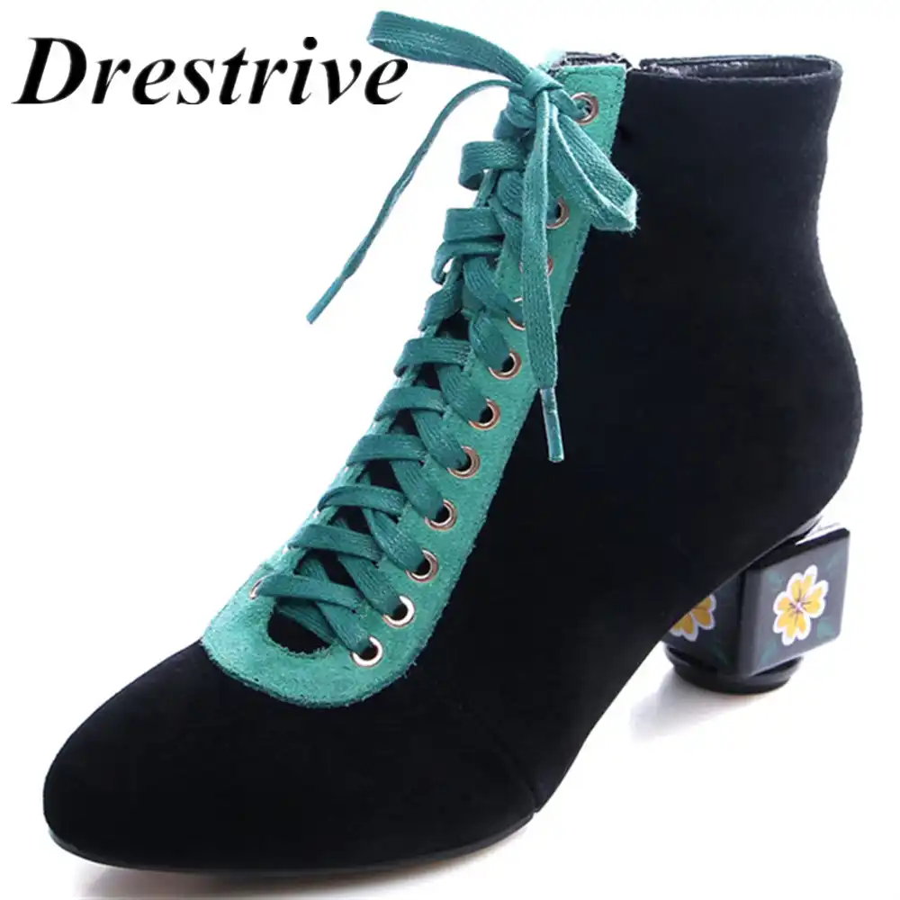 Drestrive botines de mujer de gamuza de vaca tacones cuadrados 5,5 cm  cremallera correa cruzada primavera zapatos de mujer negro talla grande 43  punta redonda|Botas hasta el tobillo| - AliExpress