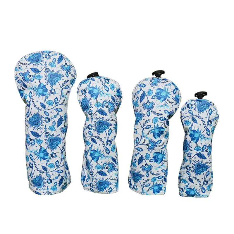 

4 Pcs Portable Golf Club Headcovers 135UT PU Waterproof Blue and White Porcelain Pattern Cover Set Vintage Simple Design