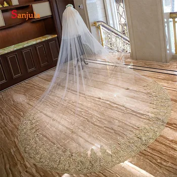 

3.5 Meters Long Ivory Veil for Bridal Gold Appliques Edge Saudi Arabic Bride Veil Headwear with Comb Beaded accessori sposa V153