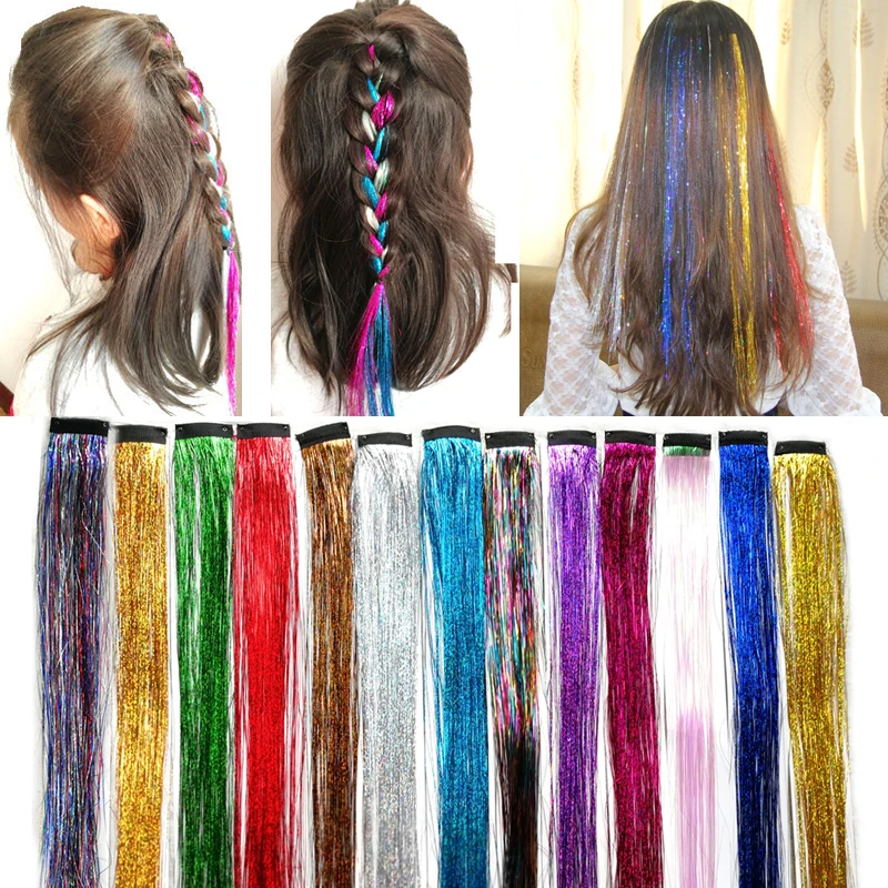 1PCS 45cm Hair Tinsel With BB Clips Sparkle Shiny Rainbow Dazzles
