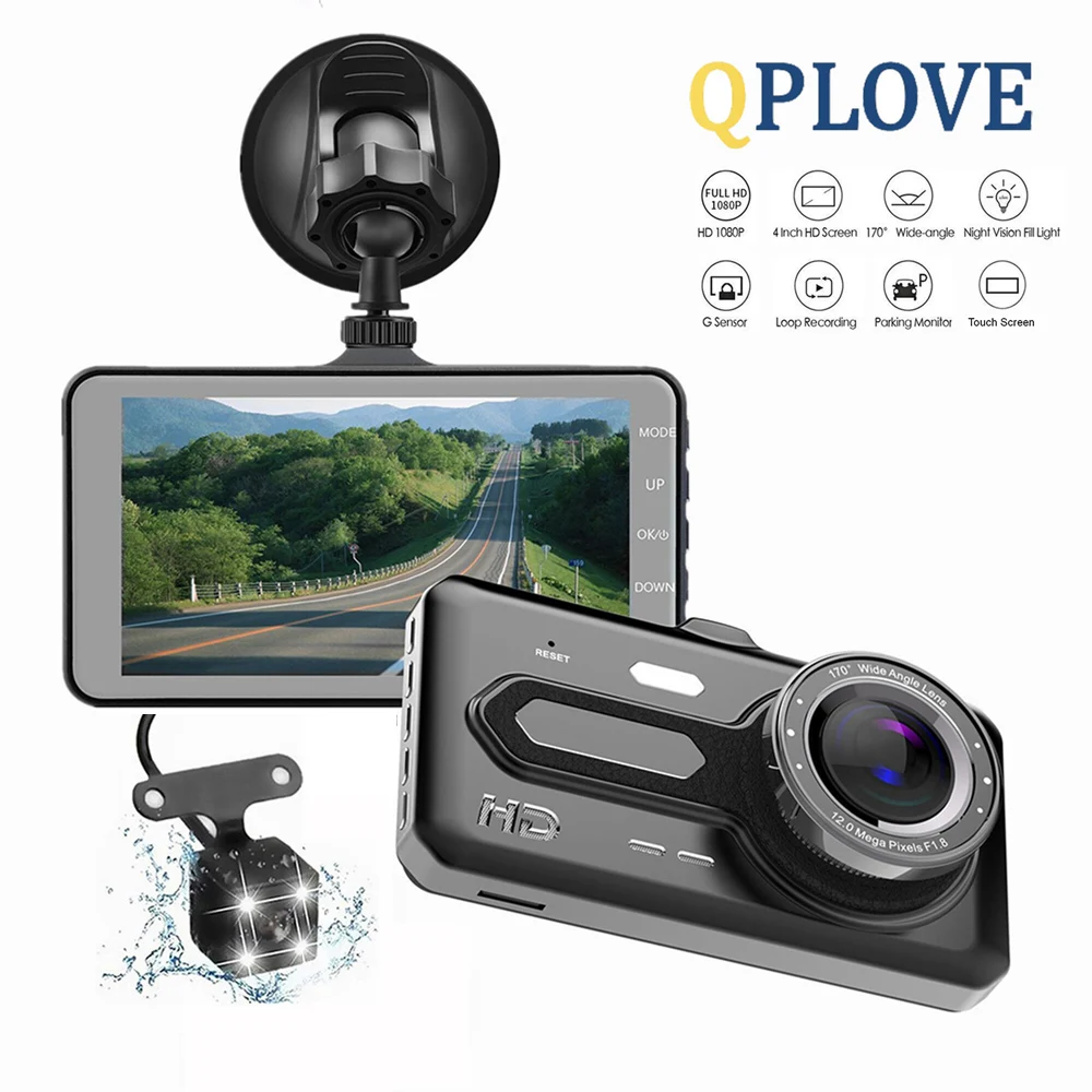 QPLOVE 4 ''сенсорный экран скрытый Автомобильный видеорегистратор HD1080P Dashcam 720P камера заднего вида с g-сенсором монитор движения функция записи на велосипеде