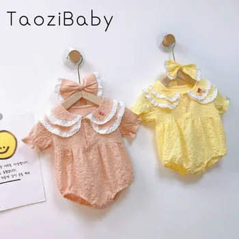 

Kid Bodysuit 2020 Summer Korean Version Of Girls Treasure Lace Lapel Triangle Hardcover Baby Out Bodysuit Clothes With Hair Band