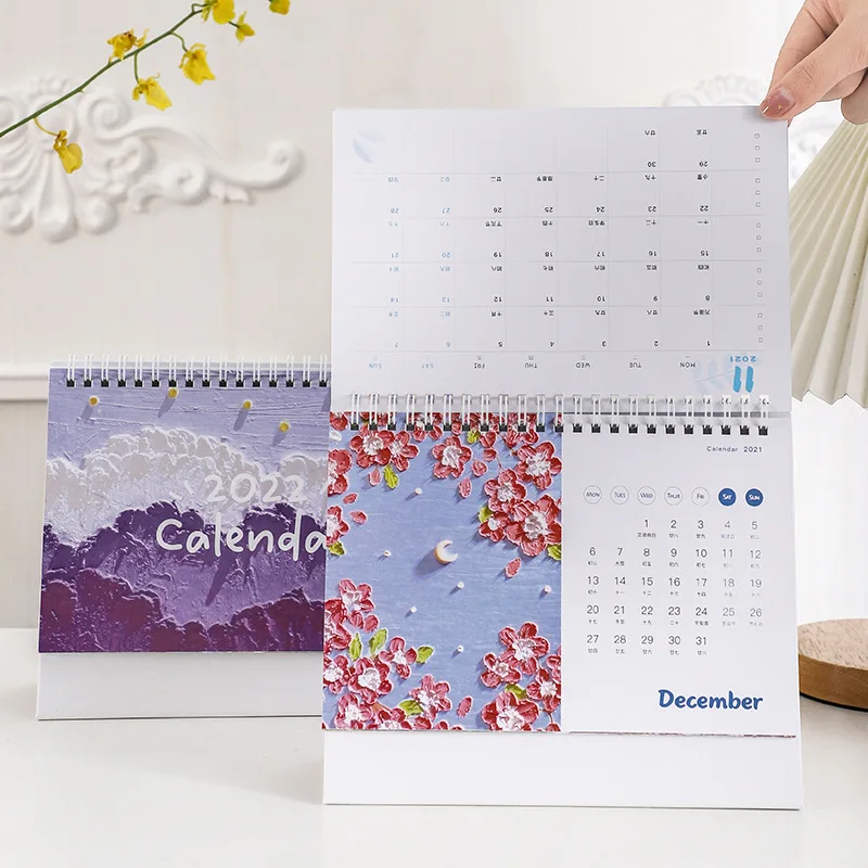 2022 NEW Kawaii Cute Flower Oil Calendar with Stickers Coil Schedule Creative Desk Table Dates Reminder Timetable Planner sl3122 46 pcs set colorful mood thank you stickers seal labels planner stickers scrapbooking cute kawaii diy diary album stick label