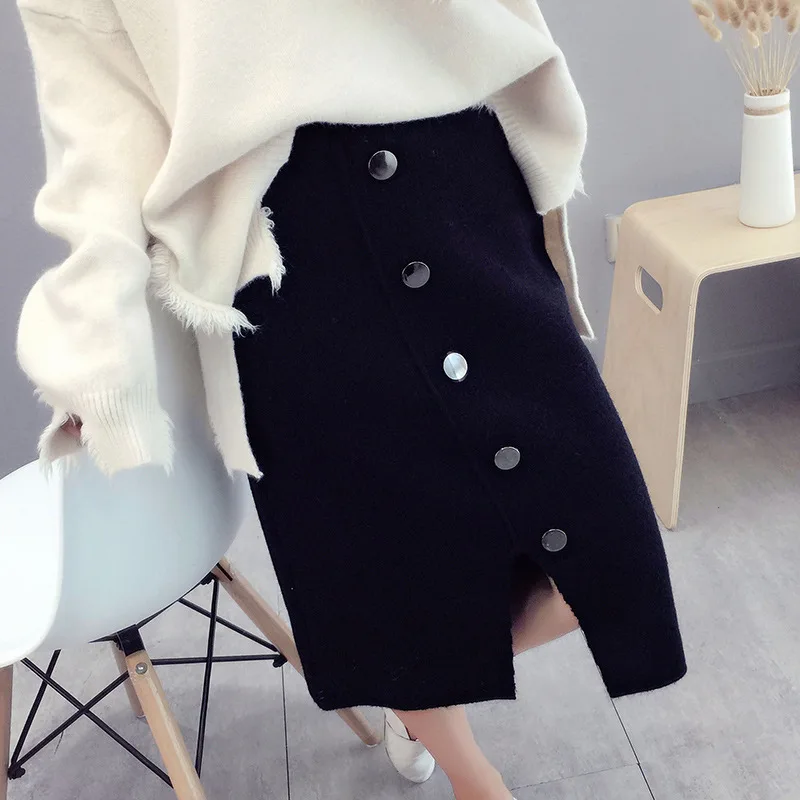 

2018 Autumn And Winter New Style Korean-style WOMEN'S Wear High-waisted Skirt Knitted Yarn Versatile Mid-length Slimming A- line