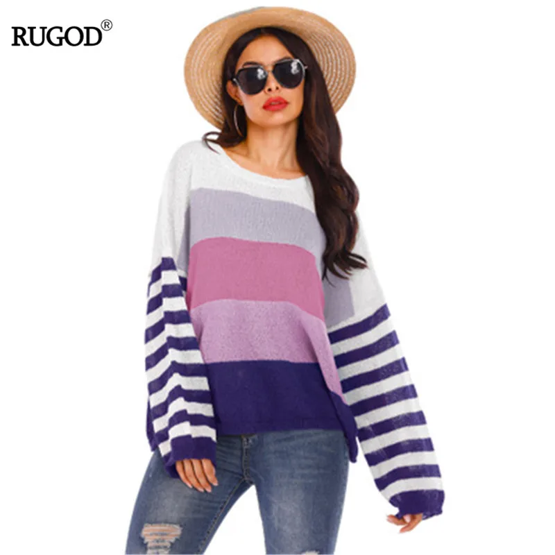 

RUGOD O-neck Sweater Striped Contrast Color Loose Sweater Mujer Modis Casual Lady Trui Dames סריגים 2019