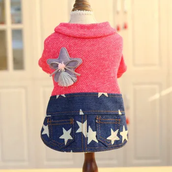 

Dog Pink Star Jeans Dress For Puppy Girl Small Dogs Winter Warm Clothes Stars Printed Denim Skirt And 2 Legged Thickening Tops