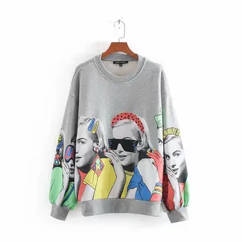 

2019 New Casual Women Sweatershirt Pullover Jumper O-neck Lantern Sleeve Printing Loose Gray High Quality Femme Tops Ladies