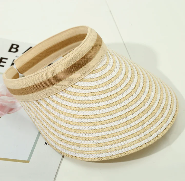beige Женская шляпа, новинка, летняя, складная, с большим краем, от солнца, Пустой Топ, шляпа ins, та же полосатая, модная, трендовая, соломенная шляпа - Цвет: beige