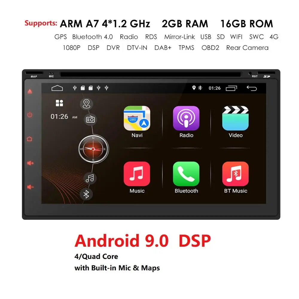 

Android 9.0 Auto Radio QuadCore 7Inch 2DIN Universal Car DVD player 2GB+16GB GPS Navigation Stereo Audio Head unit RDS DSP WIFI