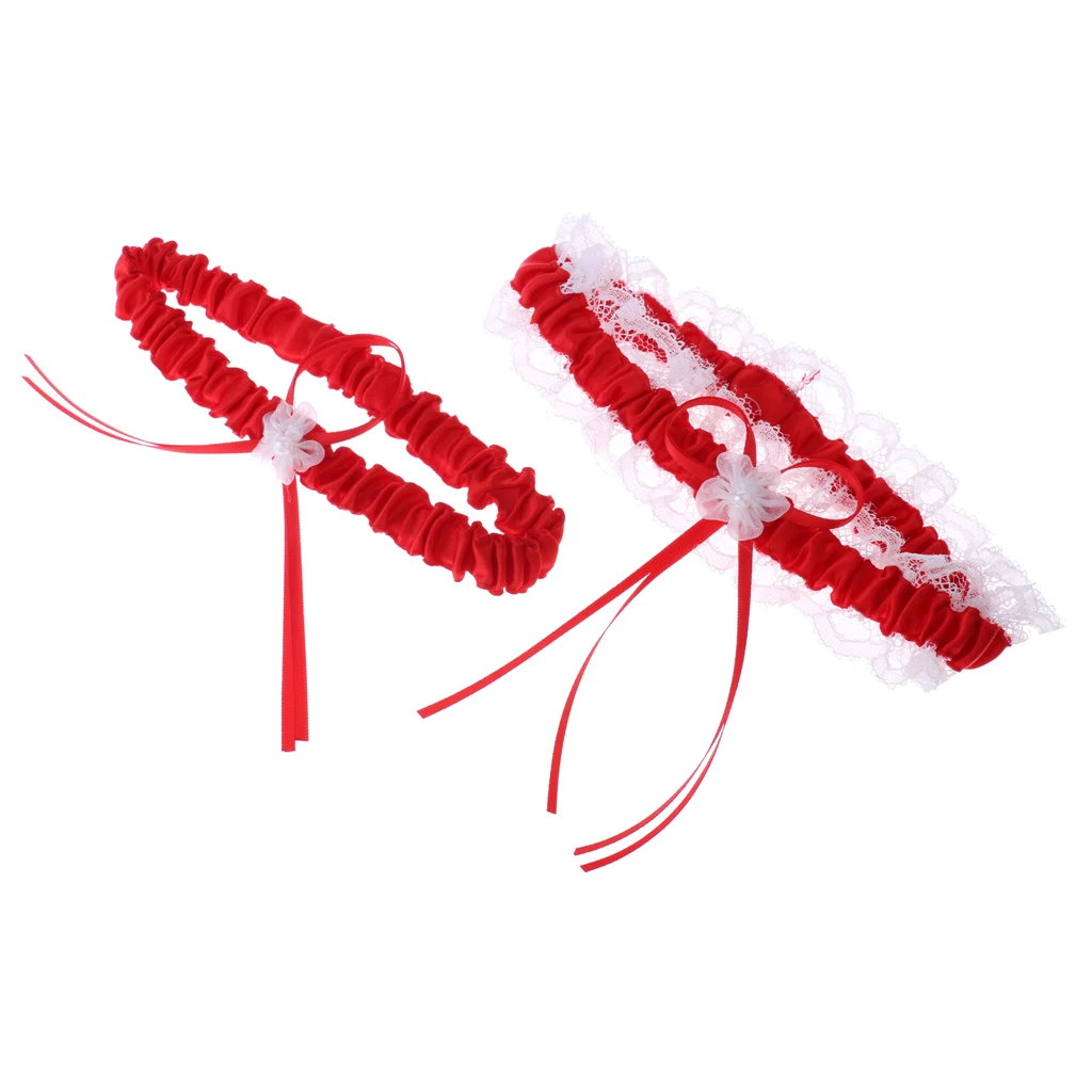 2Pcs Rustic Bridal Wedding Garter Floral Stretch Bridal Lace Satin Bowknot Thigh Ring Soft Socks Hen Party Lace Pearls Garter