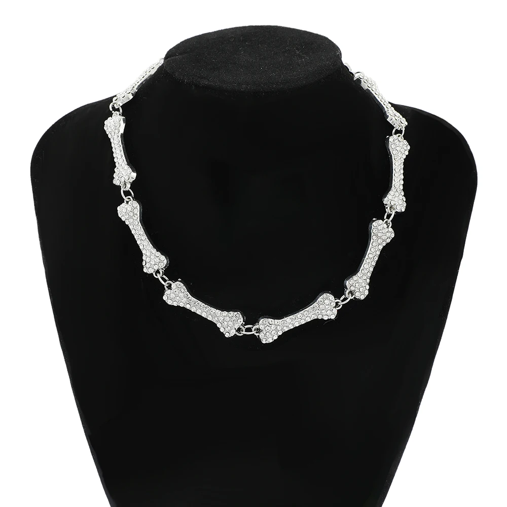 2022 Bone Necklace Iced Out Crystal Choker Necklaces Hip Hop Bone Element Clavicle Chain Men's Women's Gothic Party Jewelry 