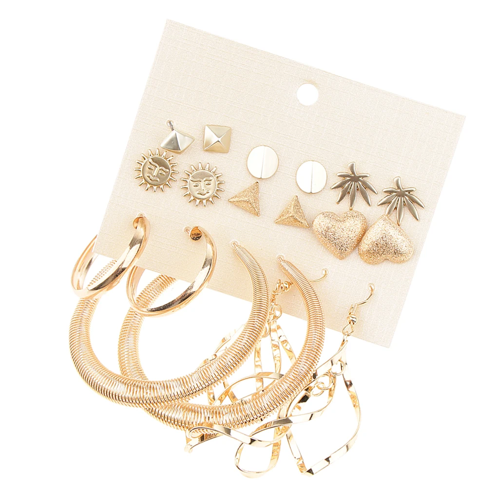 9 Pairs Multi Style Stud Geometric Sun Heart Leaf Loop Earrings Sets Mixed Gold Tone Bohemian Earring