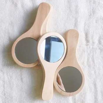

Wooden Handle Mirror Portable Pocket HD Mirror Handmade Wood Mini Makeup Small Round Mirror